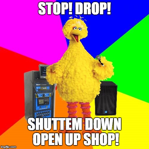 Wrong lyrics karaoke big bird |  STOP! DROP! SHUTTEM DOWN OPEN UP SHOP! | image tagged in wrong lyrics karaoke big bird | made w/ Imgflip meme maker