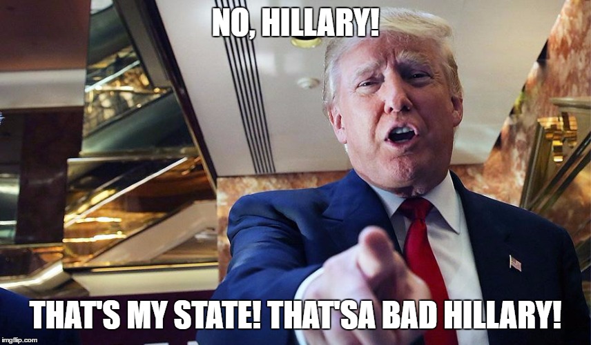 Trump I Want You | NO, HILLARY! THAT'S MY STATE! THAT'SA BAD HILLARY! | image tagged in trump burn | made w/ Imgflip meme maker