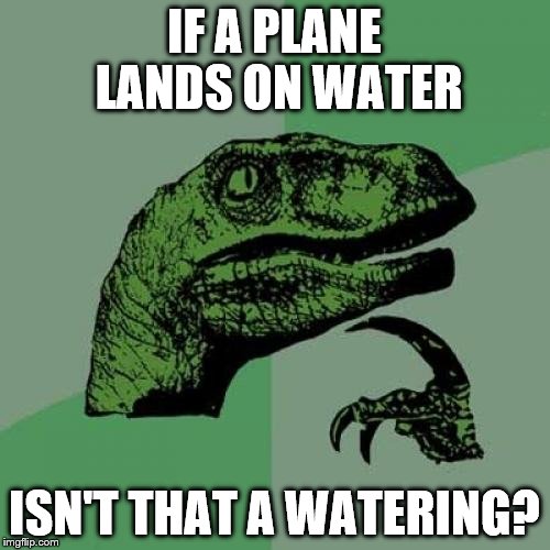 Philosoraptor Meme | IF A PLANE LANDS ON WATER; ISN'T THAT A WATERING? | image tagged in memes,philosoraptor | made w/ Imgflip meme maker