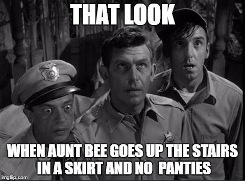 THAT LOOK; WHEN AUNT BEE GOES UP THE STAIRS IN A SKIRT AND NO  PANTIES | image tagged in andy | made w/ Imgflip meme maker
