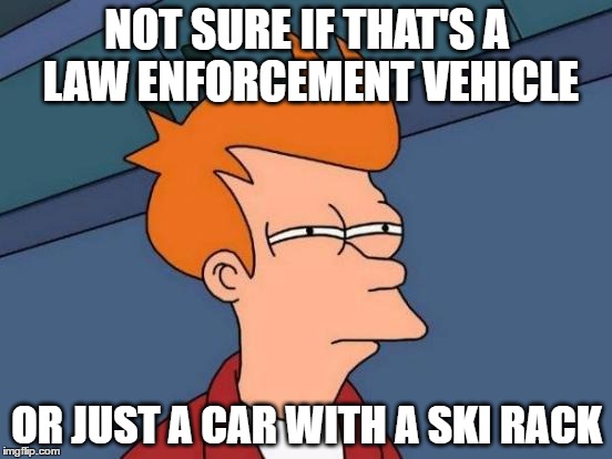 Am I The Only One Who Thinks This? | NOT SURE IF THAT'S A LAW ENFORCEMENT VEHICLE; OR JUST A CAR WITH A SKI RACK | image tagged in memes,futurama fry | made w/ Imgflip meme maker