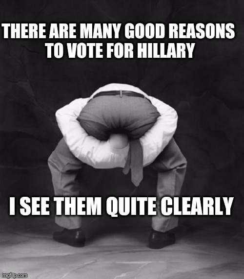 Anyone who can not see the writing on the wall by now... | THERE ARE MANY GOOD REASONS TO VOTE FOR HILLARY; I SEE THEM QUITE CLEARLY | image tagged in head up ass,hillary clinton 2016,hillary | made w/ Imgflip meme maker
