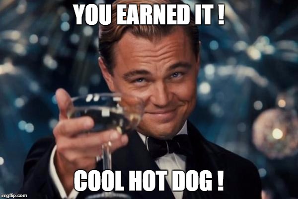Leonardo Dicaprio Cheers Meme | YOU EARNED IT ! COOL HOT DOG ! | image tagged in memes,leonardo dicaprio cheers | made w/ Imgflip meme maker