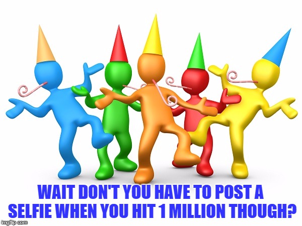 Party Time | WAIT DON'T YOU HAVE TO POST A SELFIE WHEN YOU HIT 1 MILLION THOUGH? | image tagged in party time | made w/ Imgflip meme maker