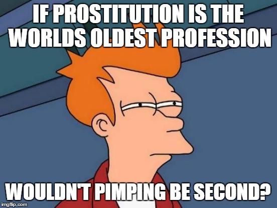 Futurama Fry Meme | IF PROSTITUTION IS THE WORLDS OLDEST PROFESSION WOULDN'T PIMPING BE SECOND? | image tagged in memes,futurama fry | made w/ Imgflip meme maker