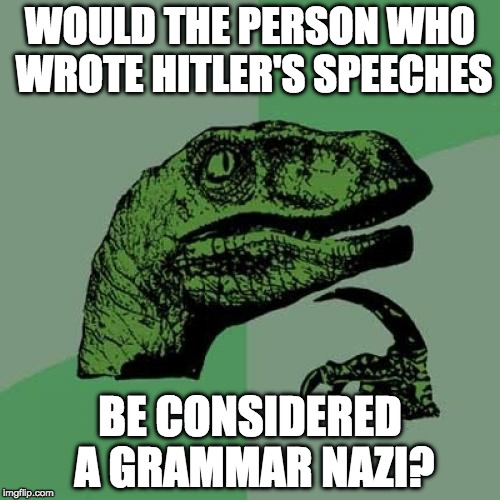 Philosoraptor | WOULD THE PERSON WHO WROTE HITLER'S SPEECHES; BE CONSIDERED A GRAMMAR NAZI? | image tagged in memes,philosoraptor | made w/ Imgflip meme maker