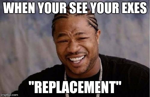 Yo Dawg Heard You Meme | WHEN YOUR SEE YOUR EXES; "REPLACEMENT" | image tagged in memes,yo dawg heard you | made w/ Imgflip meme maker