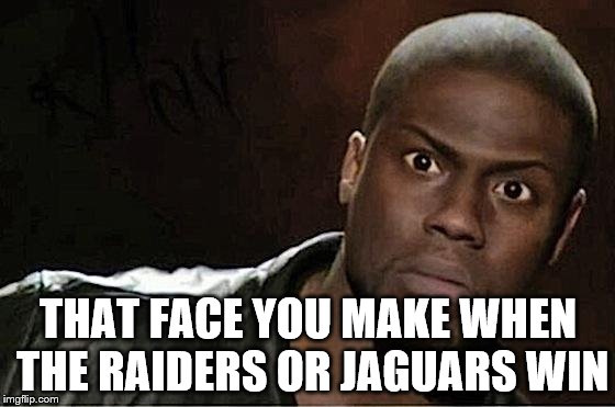 Kevin Hart Meme | THAT FACE YOU MAKE WHEN THE RAIDERS OR JAGUARS WIN | image tagged in kevin hart | made w/ Imgflip meme maker