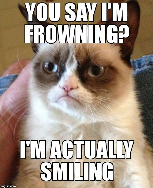 Grumpy Cat Meme | YOU SAY I'M FROWNING? I'M ACTUALLY SMILING | image tagged in memes,grumpy cat | made w/ Imgflip meme maker