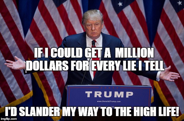 Donald Trump | IF I COULD GET A  MILLION DOLLARS FOR EVERY LIE I TELL; I'D SLANDER MY WAY TO THE HIGH LIFE! | image tagged in donald trump | made w/ Imgflip meme maker