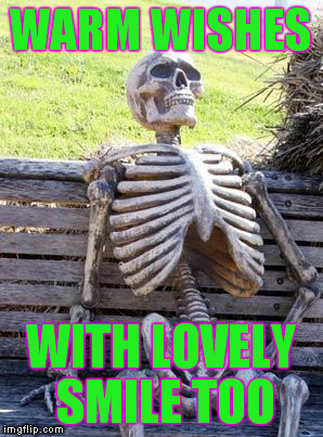 Waiting Skeleton | WARM WISHES; WITH LOVELY SMILE TOO | image tagged in memes,waiting skeleton | made w/ Imgflip meme maker