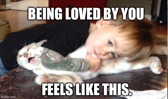 Me-YOW | BEING LOVED BY YOU; FEELS LIKE THIS. | image tagged in you give love a bad name,funny cats,kids,romance,dysfunctional | made w/ Imgflip meme maker