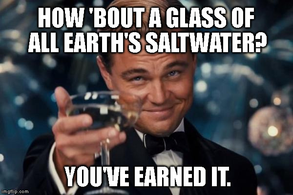 Leonardo Dicaprio Cheers | HOW 'BOUT A GLASS OF ALL EARTH'S SALTWATER? YOU'VE EARNED IT. | image tagged in memes,leonardo dicaprio cheers,salty | made w/ Imgflip meme maker