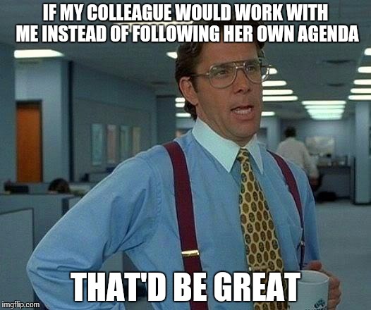 That Would Be Great Meme | IF MY COLLEAGUE WOULD WORK WITH ME INSTEAD OF FOLLOWING HER OWN AGENDA THAT'D BE GREAT | image tagged in memes,that would be great | made w/ Imgflip meme maker