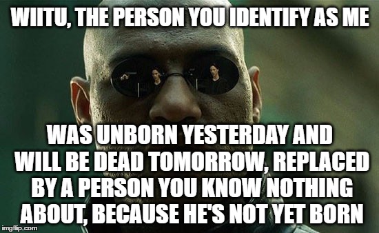 I will be who I will be, emergently | WIITU, THE PERSON YOU IDENTIFY AS ME; WAS UNBORN YESTERDAY AND WILL BE DEAD TOMORROW, REPLACED BY A PERSON YOU KNOW NOTHING ABOUT, BECAUSE HE'S NOT YET BORN | image tagged in matrix,morpheus,god,existence,present,persona | made w/ Imgflip meme maker