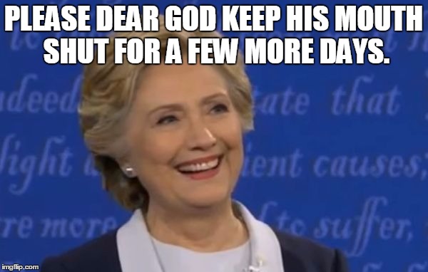hillary smile | PLEASE DEAR GOD KEEP HIS MOUTH SHUT FOR A FEW MORE DAYS. | image tagged in hillary smile | made w/ Imgflip meme maker