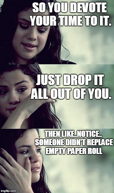 selena gomez crying | SO YOU DEVOTE YOUR TIME TO IT. JUST DROP IT ALL OUT OF YOU. THEN LIKE..NOTICE.. SOMEONE DIDN'T REPLACE EMPTY PAPER ROLL | image tagged in selena gomez crying | made w/ Imgflip meme maker