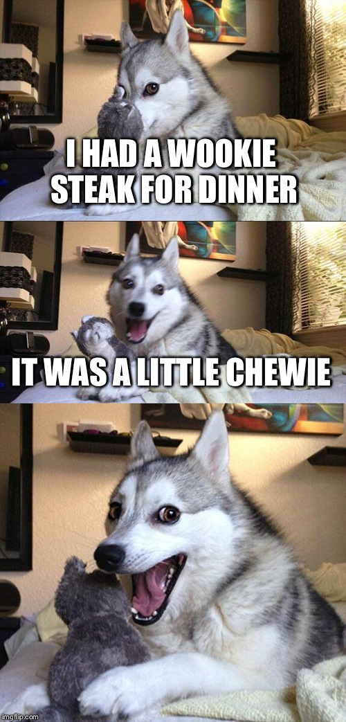 Bad Pun Dog Meme | I HAD A WOOKIE STEAK FOR DINNER; IT WAS A LITTLE CHEWIE | image tagged in memes,bad pun dog | made w/ Imgflip meme maker