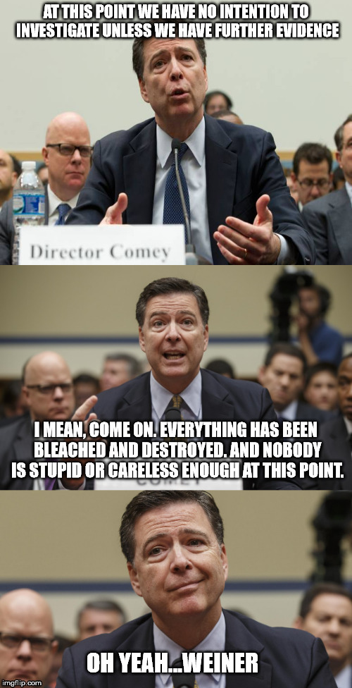 James Comey Bad Pun | AT THIS POINT WE HAVE NO INTENTION TO INVESTIGATE UNLESS WE HAVE FURTHER EVIDENCE; I MEAN, COME ON. EVERYTHING HAS BEEN BLEACHED AND DESTROYED. AND NOBODY IS STUPID OR CARELESS ENOUGH AT THIS POINT. OH YEAH...WEINER | image tagged in james comey bad pun | made w/ Imgflip meme maker