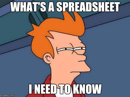 Futurama Fry Meme |  WHAT'S A SPREADSHEET; I NEED TO KNOW | image tagged in memes,futurama fry | made w/ Imgflip meme maker