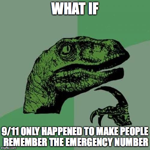 Philosoraptor Meme | WHAT IF; 9/11 ONLY HAPPENED TO MAKE PEOPLE REMEMBER THE EMERGENCY NUMBER | image tagged in memes,philosoraptor | made w/ Imgflip meme maker