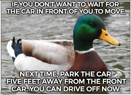 Actual Advice Mallard | IF YOU DON'T WANT TO WAIT FOR THE CAR IN FRONT OF YOU TO MOVE, NEXT TIME, PARK THE CAR FIVE FEET AWAY FROM THE FRONT CAR. YOU CAN DRIVE OFF NOW. | image tagged in memes,actual advice mallard | made w/ Imgflip meme maker