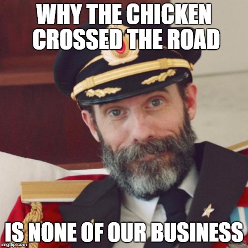 Captain Obvious | WHY THE CHICKEN CROSSED THE ROAD; IS NONE OF OUR BUSINESS | image tagged in captain obvious | made w/ Imgflip meme maker