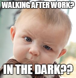 Skeptical Baby Meme | WALKING AFTER WORK? IN THE DARK?? | image tagged in memes,skeptical baby | made w/ Imgflip meme maker