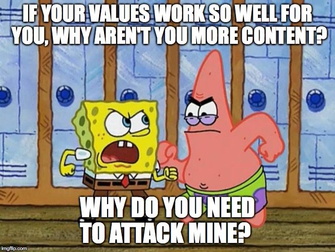 SpongeBob And Patrick Fighting | IF YOUR VALUES WORK SO WELL FOR YOU, WHY AREN'T YOU MORE CONTENT? WHY DO YOU NEED TO ATTACK MINE? | image tagged in spongebob and patrick fighting | made w/ Imgflip meme maker