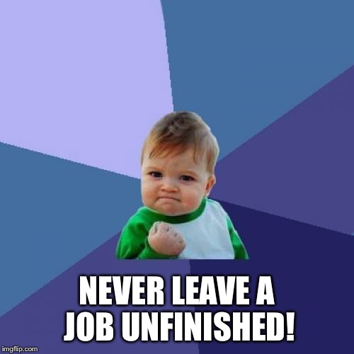 Success Kid Meme | NEVER LEAVE A JOB UNFINISHED! | image tagged in memes,success kid | made w/ Imgflip meme maker
