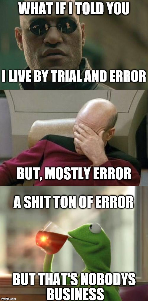 If I do say so myself | WHAT IF I TOLD YOU; I LIVE BY TRIAL AND ERROR; BUT, MOSTLY ERROR; A SHIT TON OF ERROR; BUT THAT'S NOBODYS BUSINESS | image tagged in inspirational | made w/ Imgflip meme maker