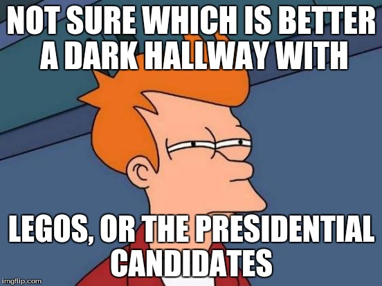 Futurama Fry Meme | NOT SURE WHICH IS BETTER A DARK HALLWAY WITH; LEGOS, OR THE PRESIDENTIAL CANDIDATES | image tagged in memes,futurama fry | made w/ Imgflip meme maker