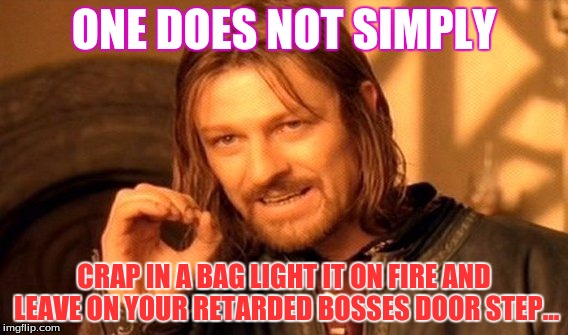 One Does Not Simply | ONE DOES NOT SIMPLY; CRAP IN A BAG LIGHT IT ON FIRE AND LEAVE ON YOUR RETARDED BOSSES DOOR STEP... | image tagged in memes,one does not simply | made w/ Imgflip meme maker