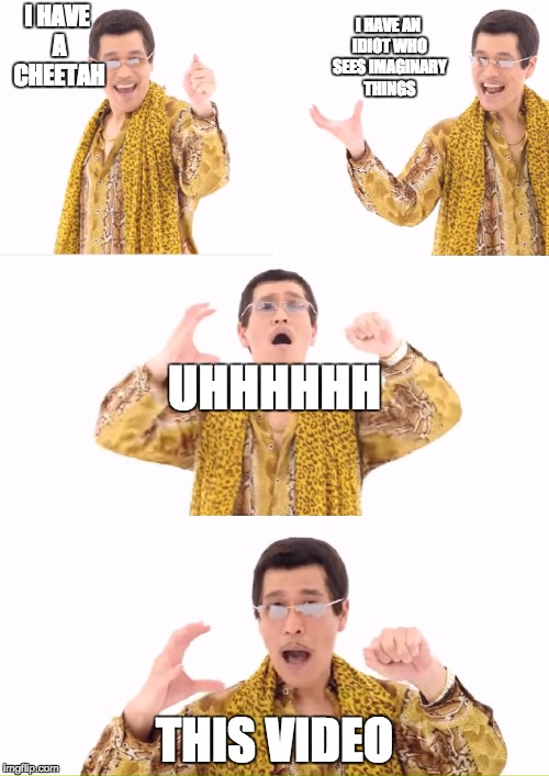 PPAP | I HAVE AN IDIOT WHO SEES IMAGINARY THINGS; I HAVE A CHEETAH; UHHHHHH; THIS VIDEO | image tagged in memes,ppap | made w/ Imgflip meme maker