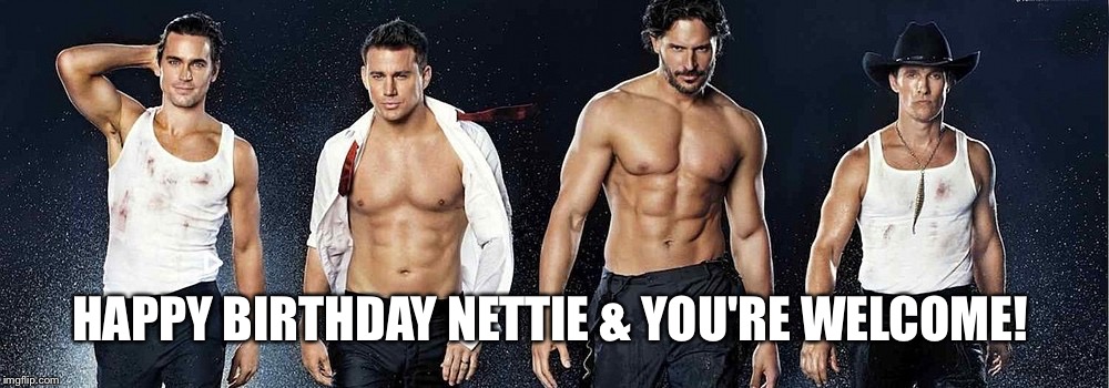 Magic mike | HAPPY BIRTHDAY NETTIE & YOU'RE WELCOME! | image tagged in magic mike | made w/ Imgflip meme maker