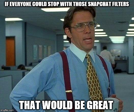 That Would Be Great | IF EVERYONE COULD STOP WITH THOSE SNAPCHAT FILTERS; THAT WOULD BE GREAT | image tagged in memes,that would be great | made w/ Imgflip meme maker