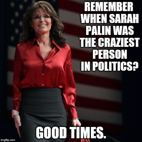 Sometimes | REMEMBER WHEN SARAH PALIN WAS THE CRAZIEST PERSON IN POLITICS? GOOD TIMES. | image tagged in sarah palin | made w/ Imgflip meme maker