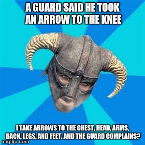 Skyrim meme | A GUARD SAID HE TOOK AN ARROW TO THE KNEE; I TAKE ARROWS TO THE CHEST, HEAD, ARMS, BACK, LEGS, AND FEET. AND THE GUARD COMPLAINS? | image tagged in skyrim meme | made w/ Imgflip meme maker