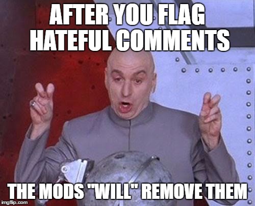 Dr Evil Laser | AFTER YOU FLAG HATEFUL COMMENTS; THE MODS "WILL" REMOVE THEM | image tagged in memes,dr evil laser,flag,hate,comment,comments | made w/ Imgflip meme maker