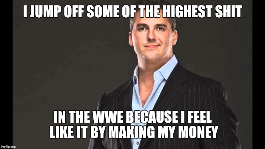 Shane Mcmahon | I JUMP OFF SOME OF THE HIGHEST SHIT; IN THE WWE BECAUSE I FEEL LIKE IT BY MAKING MY MONEY | image tagged in shane mcmahon | made w/ Imgflip meme maker