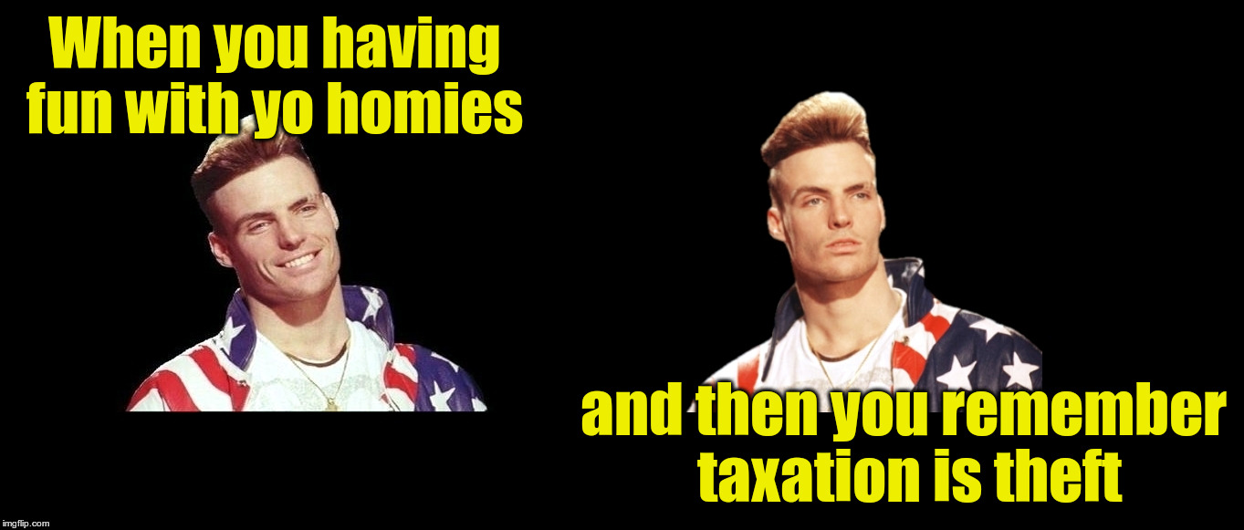 Vanilla Ice having fun until | When you having fun with yo homies; and then you remember taxation is theft | image tagged in vanilla ice | made w/ Imgflip meme maker