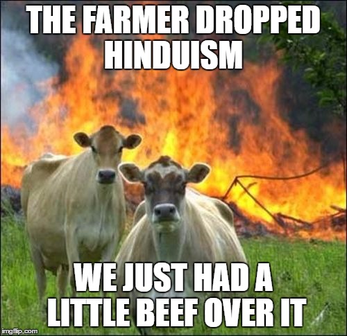 Evil Cows | THE FARMER DROPPED HINDUISM; WE JUST HAD A LITTLE BEEF OVER IT | image tagged in memes,evil cows | made w/ Imgflip meme maker