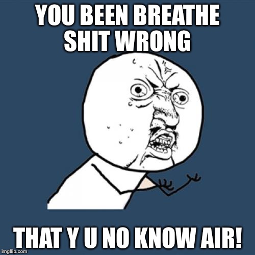 Y U No Meme | YOU BEEN BREATHE SHIT WRONG THAT Y U NO KNOW AIR! | image tagged in memes,y u no | made w/ Imgflip meme maker