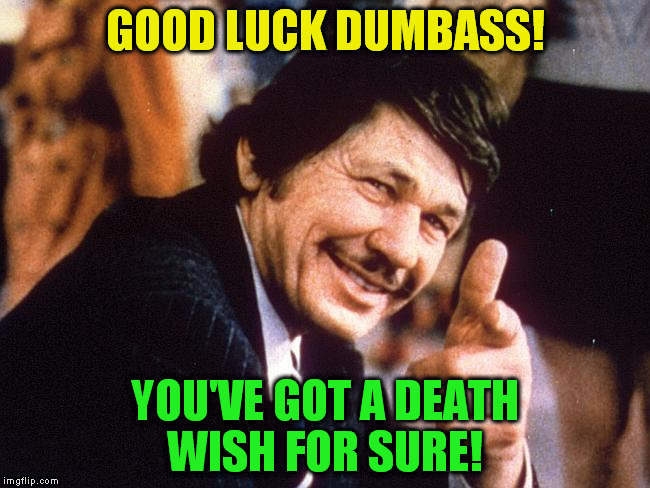 good luck dumbass | GOOD LUCK DUMBASS! YOU'VE GOT A DEATH WISH FOR SURE! | image tagged in charles bronson | made w/ Imgflip meme maker