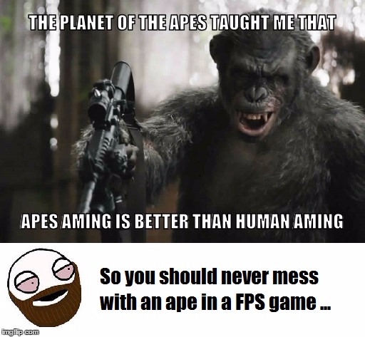 BTW ... It's *Aiming ^^ | image tagged in apes | made w/ Imgflip meme maker