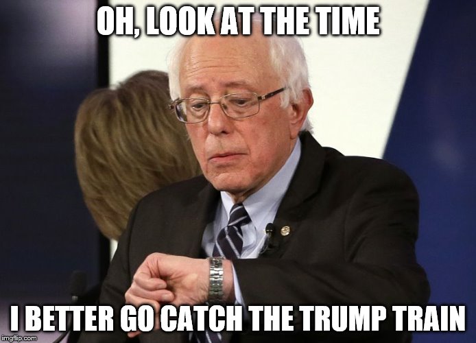 Bernie Look At The Time | OH, LOOK AT THE TIME; I BETTER GO CATCH THE TRUMP TRAIN | image tagged in bernie look at the time | made w/ Imgflip meme maker