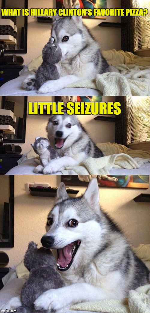 Bad Pun Dog Meme | WHAT IS HILLARY CLINTON'S FAVORITE PIZZA? LITTLE SEIZURES | image tagged in memes,bad pun dog | made w/ Imgflip meme maker