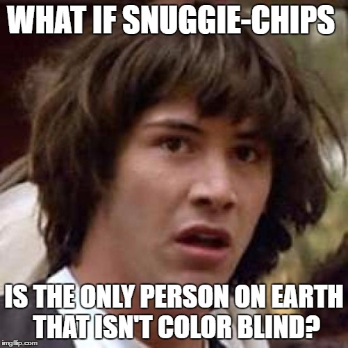 Conspiracy Keanu Meme | WHAT IF SNUGGIE-CHIPS IS THE ONLY PERSON ON EARTH THAT ISN'T COLOR BLIND? | image tagged in memes,conspiracy keanu | made w/ Imgflip meme maker