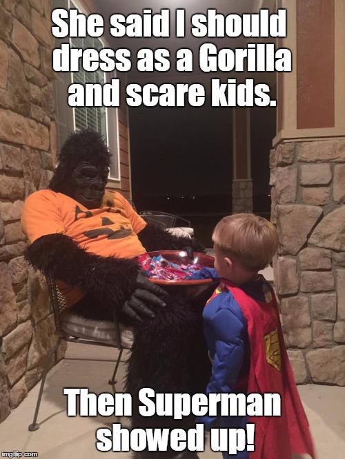 She said I should dress as a Gorilla and scare kids. Then Superman showed up! | image tagged in halloween gorilla | made w/ Imgflip meme maker