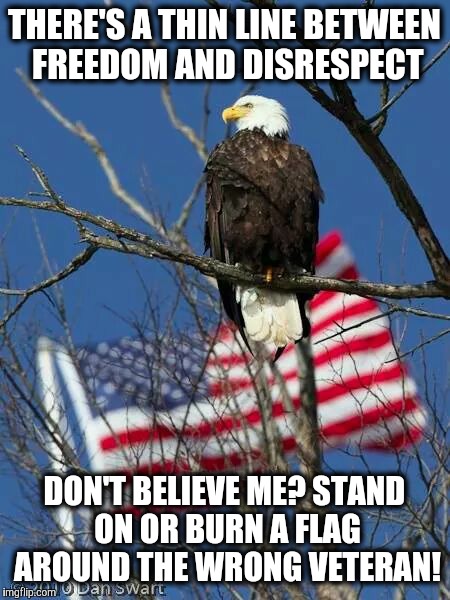 Great Again | THERE'S A THIN LINE BETWEEN FREEDOM AND DISRESPECT; DON'T BELIEVE ME? STAND ON OR BURN A FLAG AROUND THE WRONG VETERAN! | image tagged in politics | made w/ Imgflip meme maker